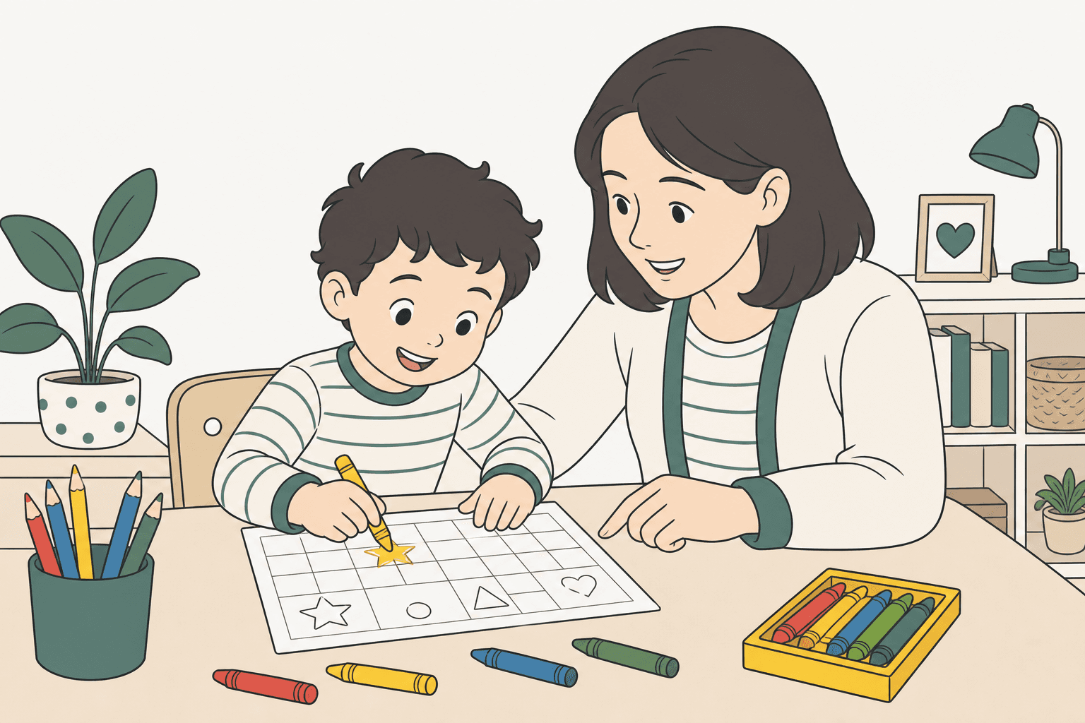 Child sitting at the table with a worksheet and crayons, happily colouring