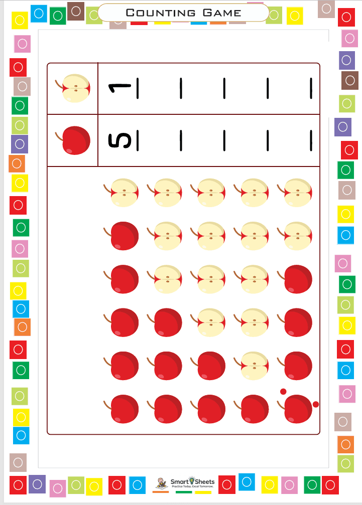Counting game worksheet with apples