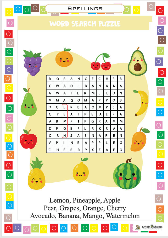Fruit word search puzzle worksheet
